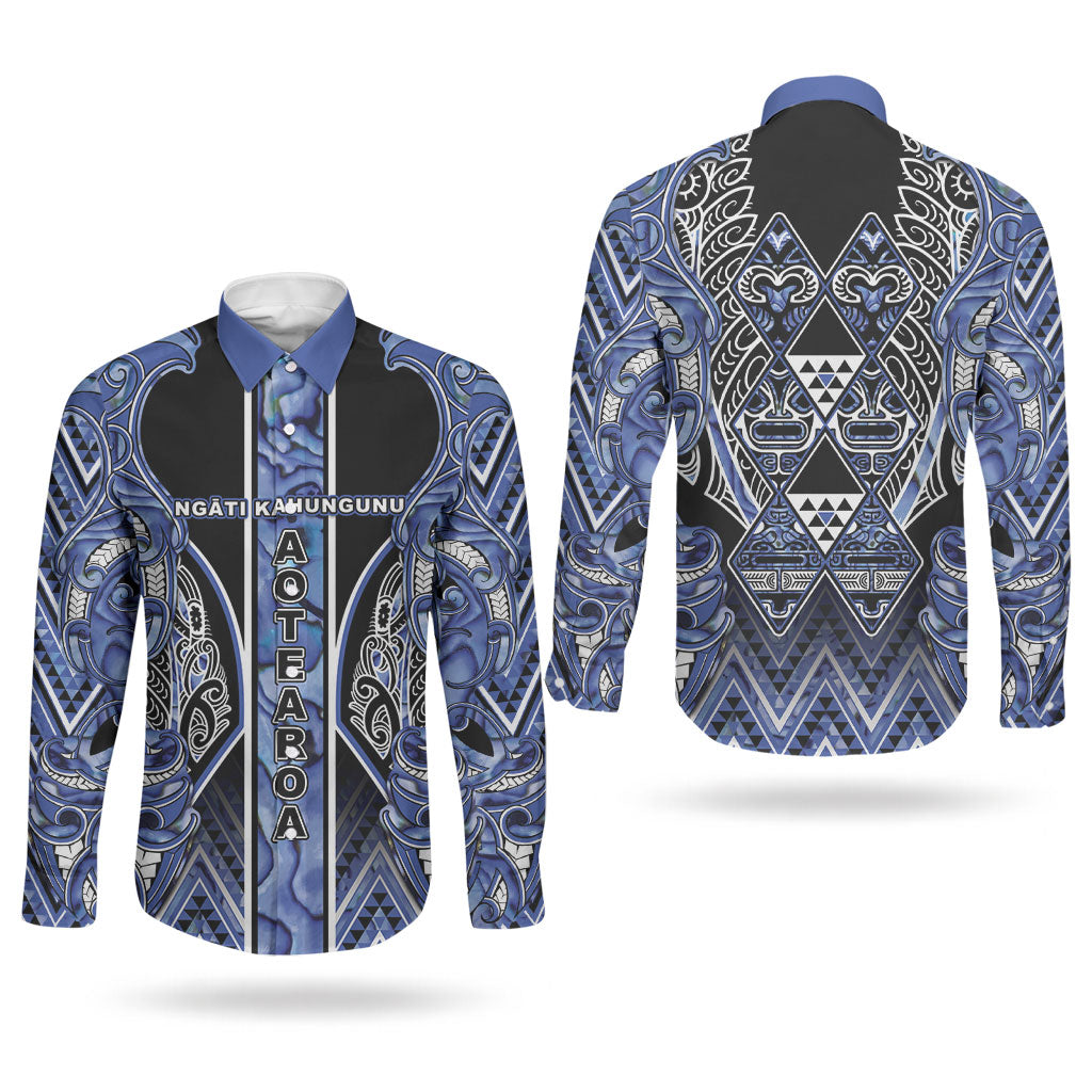 Aotearoa Ngati Kahungunu Couples Matching Mermaid Dress and Long Sleeve Button Shirt Maori Tribal Blue Paua Shell Pattern