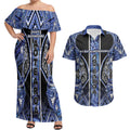Aotearoa Ngati Kahungunu Couples Matching Off Shoulder Maxi Dress and Hawaiian Shirt Maori Tribal Blue Paua Shell Pattern