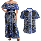 Aotearoa Ngati Kahungunu Couples Matching Off Shoulder Maxi Dress and Hawaiian Shirt Maori Tribal Blue Paua Shell Pattern