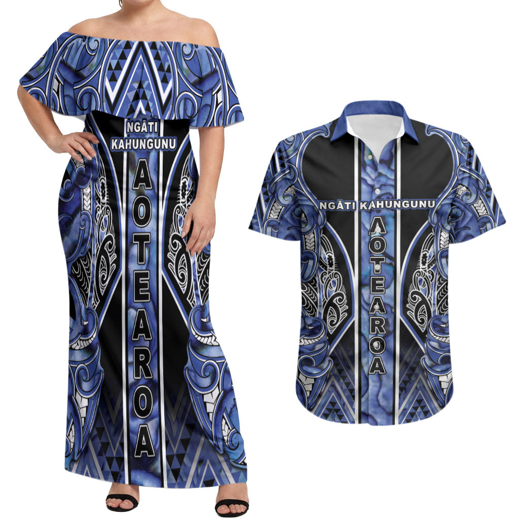 Aotearoa Ngati Kahungunu Couples Matching Off Shoulder Maxi Dress and Hawaiian Shirt Maori Tribal Blue Paua Shell Pattern