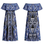 Aotearoa Ngati Kahungunu Couples Matching Off Shoulder Maxi Dress and Hawaiian Shirt Maori Tribal Blue Paua Shell Pattern