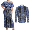 Aotearoa Ngati Kahungunu Couples Matching Off Shoulder Maxi Dress and Long Sleeve Button Shirt Maori Tribal Blue Paua Shell Pattern