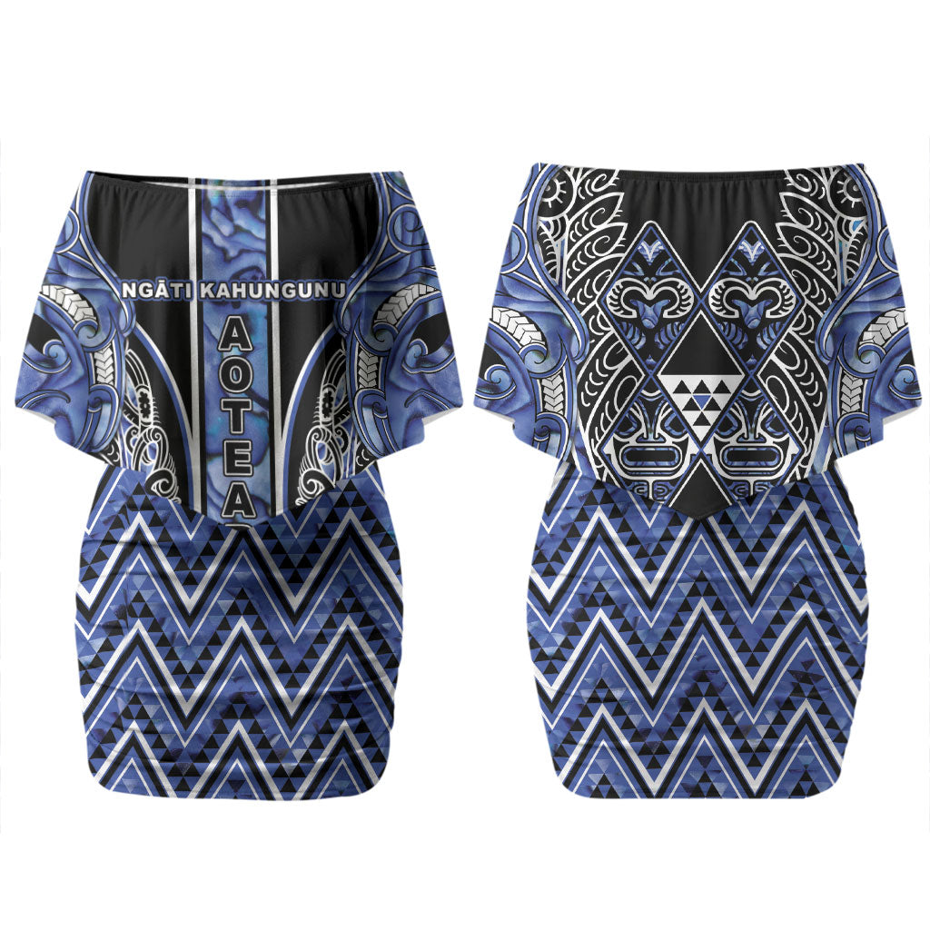 Aotearoa Ngati Kahungunu Couples Matching Off Shoulder Short Dress and Hawaiian Shirt Maori Tribal Blue Paua Shell Pattern