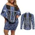 Aotearoa Ngati Kahungunu Couples Matching Off Shoulder Short Dress and Long Sleeve Button Shirt Maori Tribal Blue Paua Shell Pattern