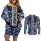 Aotearoa Ngati Kahungunu Couples Matching Off Shoulder Short Dress and Long Sleeve Button Shirt Maori Tribal Blue Paua Shell Pattern