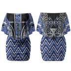 Aotearoa Ngati Kahungunu Couples Matching Off Shoulder Short Dress and Long Sleeve Button Shirt Maori Tribal Blue Paua Shell Pattern