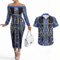 Aotearoa Ngati Kahungunu Couples Matching Off The Shoulder Long Sleeve Dress and Hawaiian Shirt Maori Tribal Blue Paua Shell Pattern
