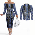 Aotearoa Ngati Kahungunu Couples Matching Off The Shoulder Long Sleeve Dress and Long Sleeve Button Shirt Maori Tribal Blue Paua Shell Pattern