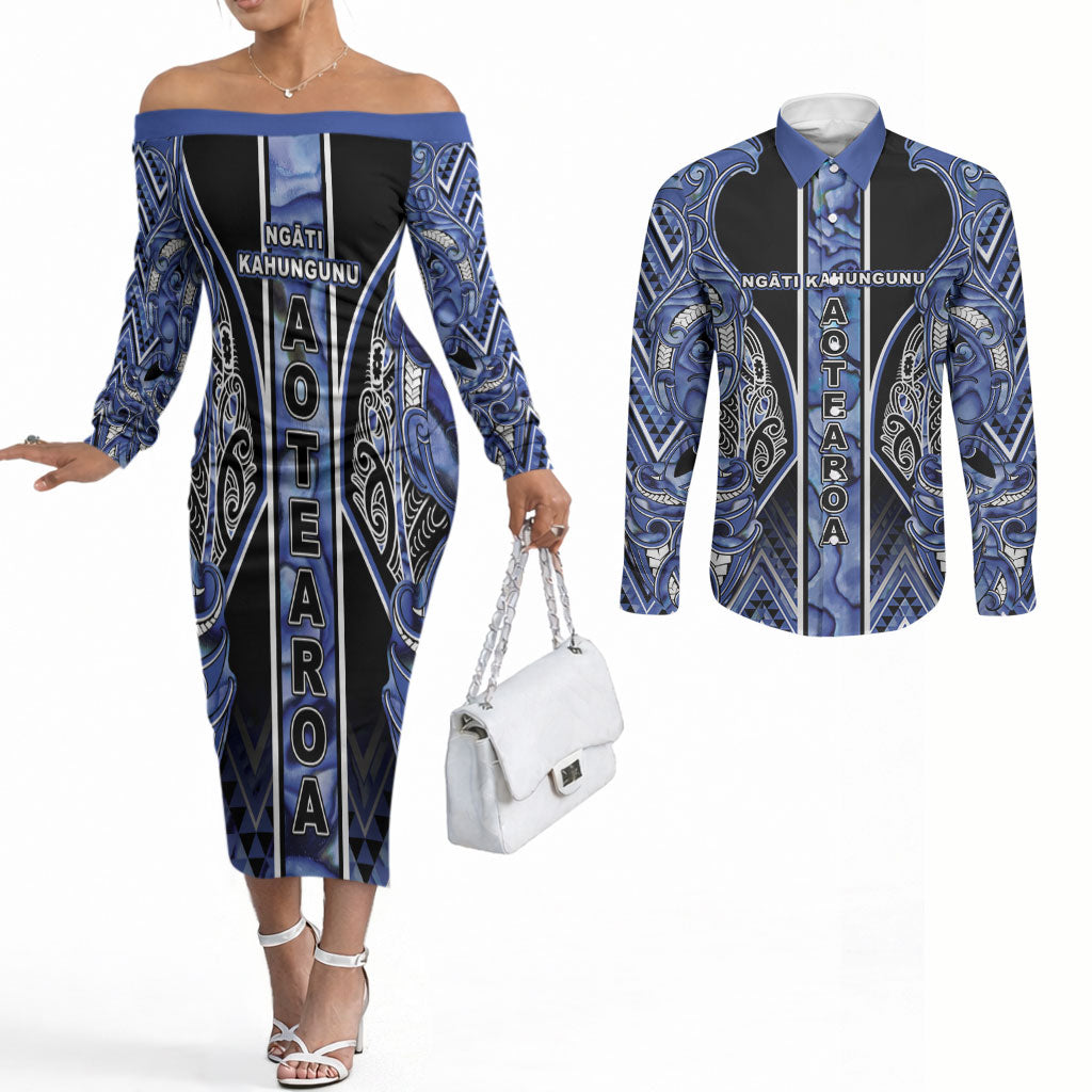 Aotearoa Ngati Kahungunu Couples Matching Off The Shoulder Long Sleeve Dress and Long Sleeve Button Shirt Maori Tribal Blue Paua Shell Pattern
