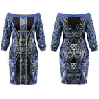 Aotearoa Ngati Kahungunu Couples Matching Off The Shoulder Long Sleeve Dress and Long Sleeve Button Shirt Maori Tribal Blue Paua Shell Pattern