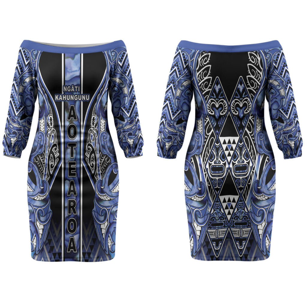 Aotearoa Ngati Kahungunu Couples Matching Off The Shoulder Long Sleeve Dress and Long Sleeve Button Shirt Maori Tribal Blue Paua Shell Pattern