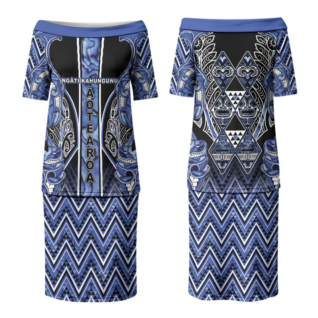 Aotearoa Ngati Kahungunu Couples Matching Puletasi and Hawaiian Shirt Maori Tribal Blue Paua Shell Pattern