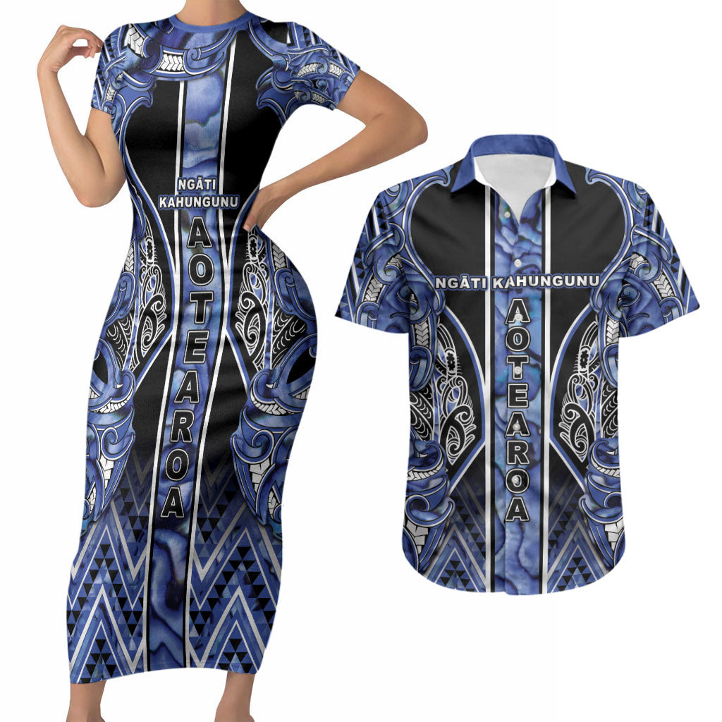 Aotearoa Ngati Kahungunu Couples Matching Short Sleeve Bodycon Dress and Hawaiian Shirt Maori Tribal Blue Paua Shell Pattern