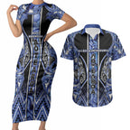 Aotearoa Ngati Kahungunu Couples Matching Short Sleeve Bodycon Dress and Hawaiian Shirt Maori Tribal Blue Paua Shell Pattern