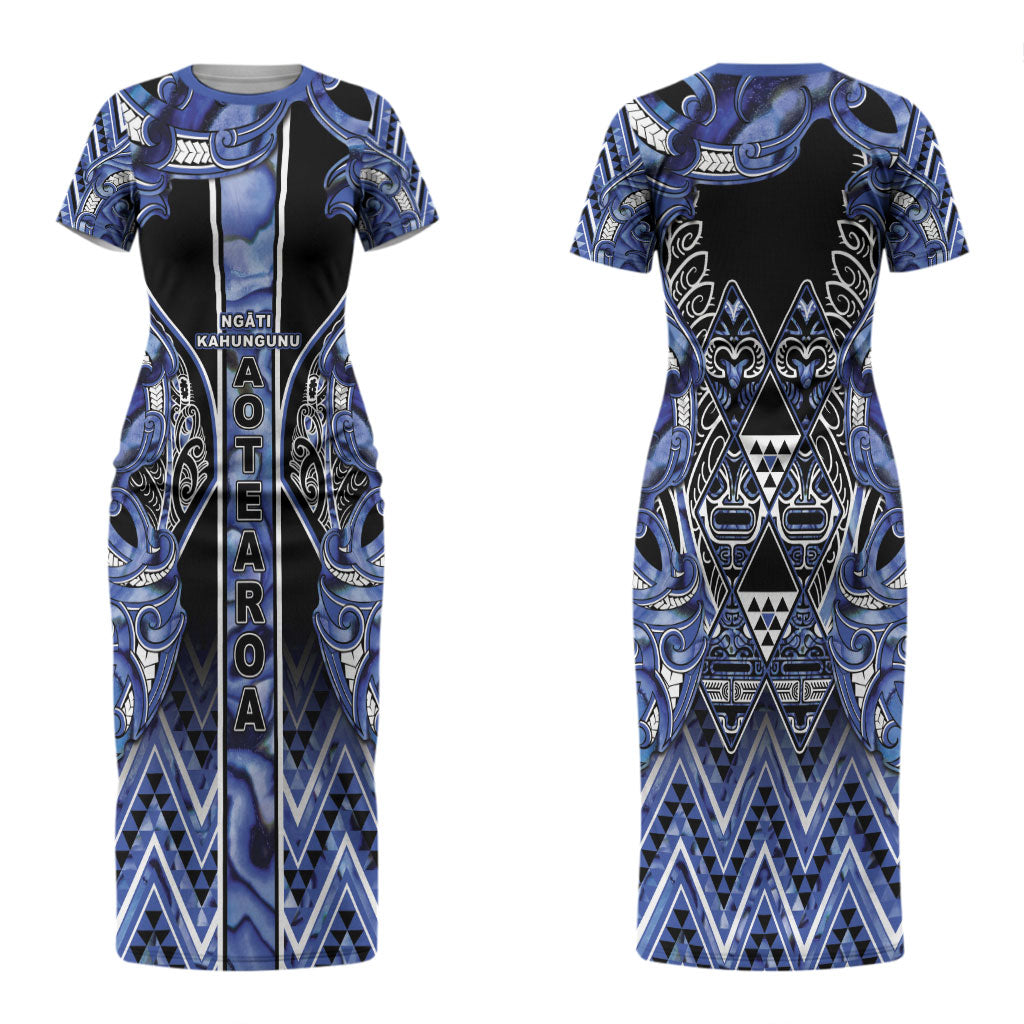 Aotearoa Ngati Kahungunu Couples Matching Short Sleeve Bodycon Dress and Hawaiian Shirt Maori Tribal Blue Paua Shell Pattern