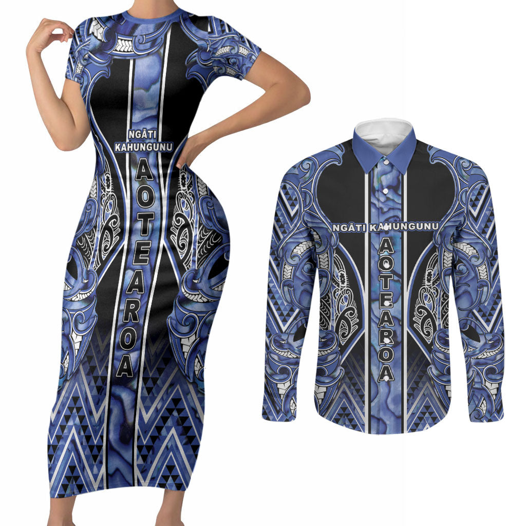 Aotearoa Ngati Kahungunu Couples Matching Short Sleeve Bodycon Dress and Long Sleeve Button Shirt Maori Tribal Blue Paua Shell Pattern