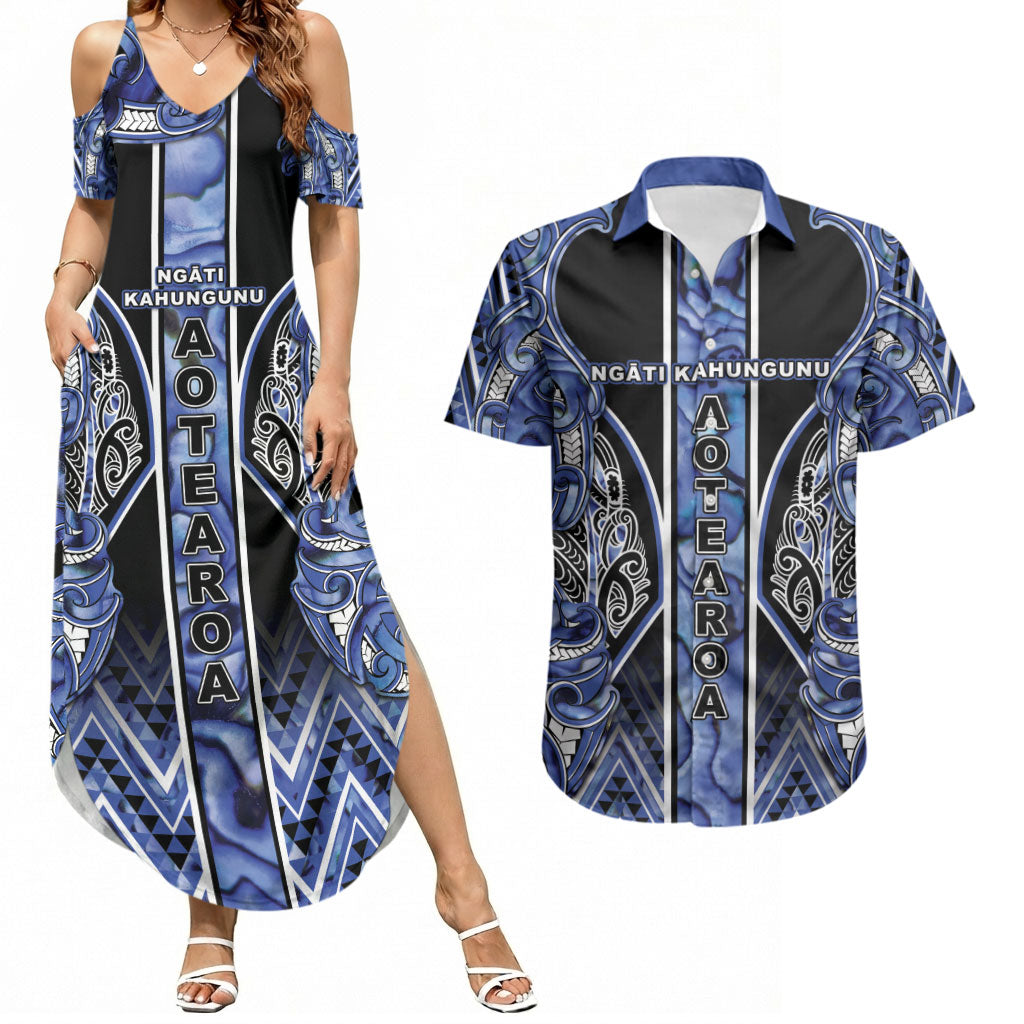 Aotearoa Ngati Kahungunu Couples Matching Summer Maxi Dress and Hawaiian Shirt Maori Tribal Blue Paua Shell Pattern