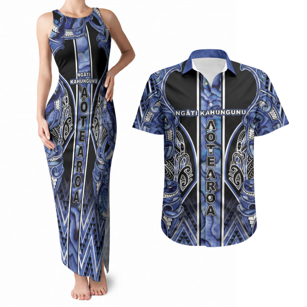 Aotearoa Ngati Kahungunu Couples Matching Tank Maxi Dress and Hawaiian Shirt Maori Tribal Blue Paua Shell Pattern