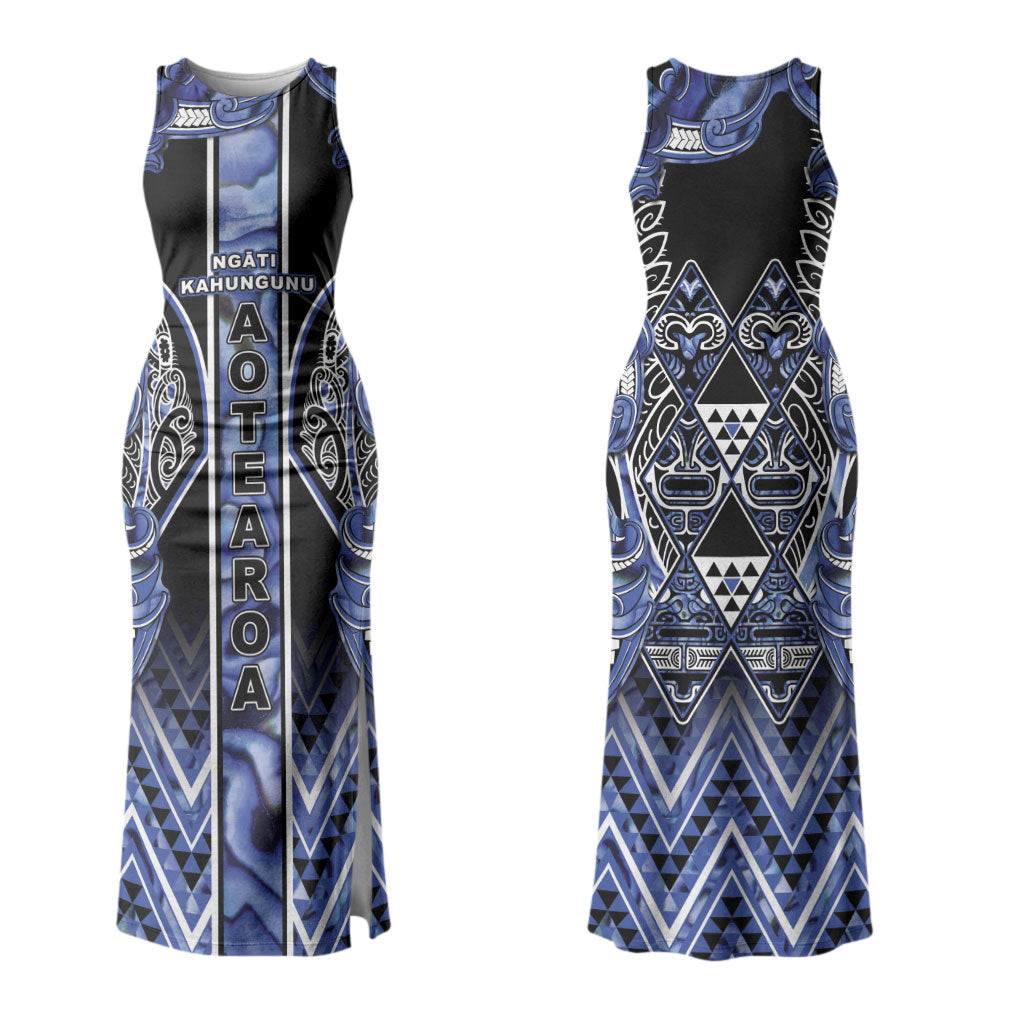 Aotearoa Ngati Kahungunu Couples Matching Tank Maxi Dress and Long Sleeve Button Shirt Maori Tribal Blue Paua Shell Pattern