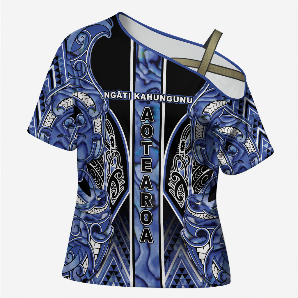 Aotearoa Ngati Kahungunu Cross Shoulder Shirt Maori Tribal Blue Paua Shell Pattern