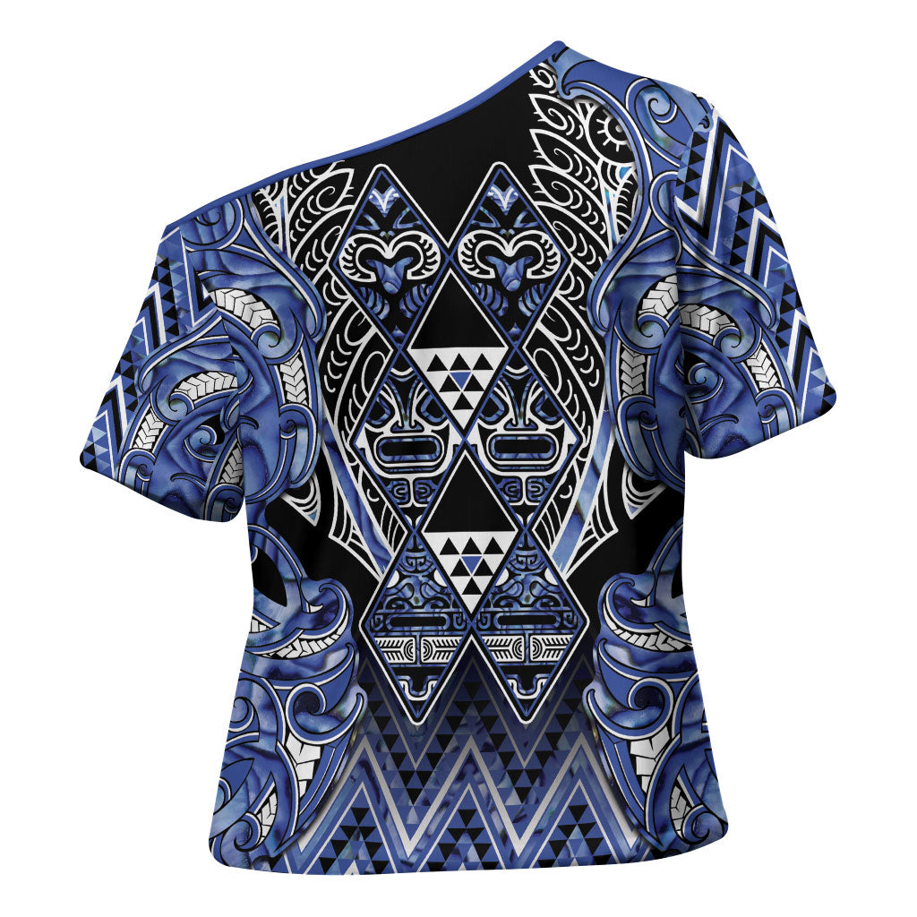 Aotearoa Ngati Kahungunu Cross Shoulder Shirt Maori Tribal Blue Paua Shell Pattern