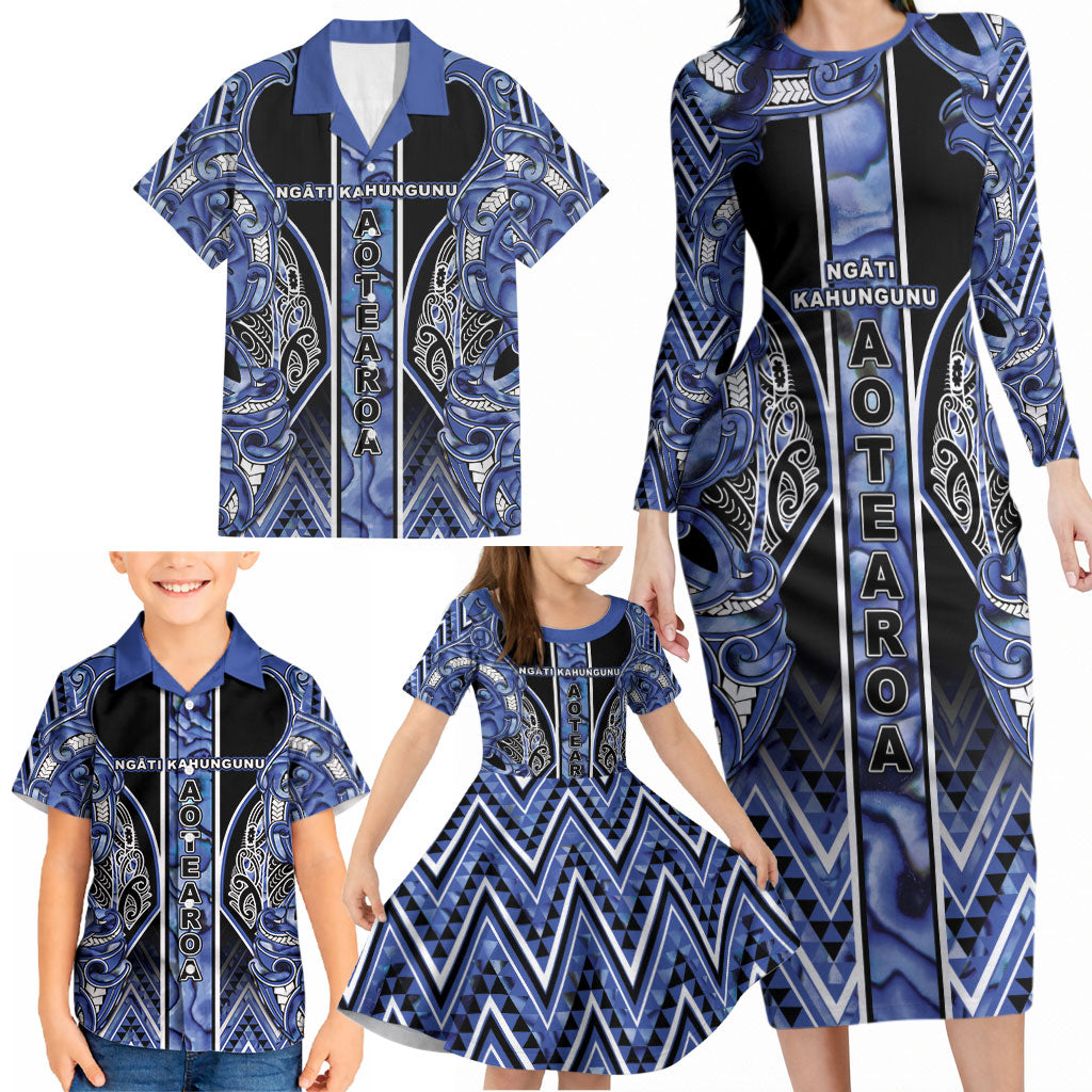Aotearoa Ngati Kahungunu Family Matching Long Sleeve Bodycon Dress and Hawaiian Shirt Maori Tribal Blue Paua Shell Pattern
