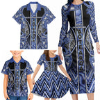 Aotearoa Ngati Kahungunu Family Matching Long Sleeve Bodycon Dress and Hawaiian Shirt Maori Tribal Blue Paua Shell Pattern