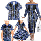 Aotearoa Ngati Kahungunu Family Matching Off The Shoulder Long Sleeve Dress and Hawaiian Shirt Maori Tribal Blue Paua Shell Pattern