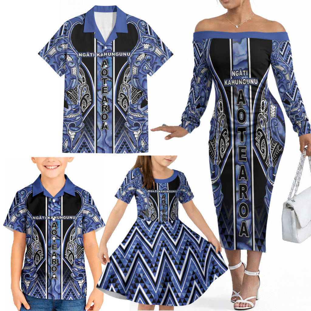 Aotearoa Ngati Kahungunu Family Matching Off The Shoulder Long Sleeve Dress and Hawaiian Shirt Maori Tribal Blue Paua Shell Pattern