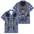 Aotearoa Ngati Kahungunu Family Matching Off Shoulder Maxi Dress and Hawaiian Shirt Maori Tribal Blue Paua Shell Pattern