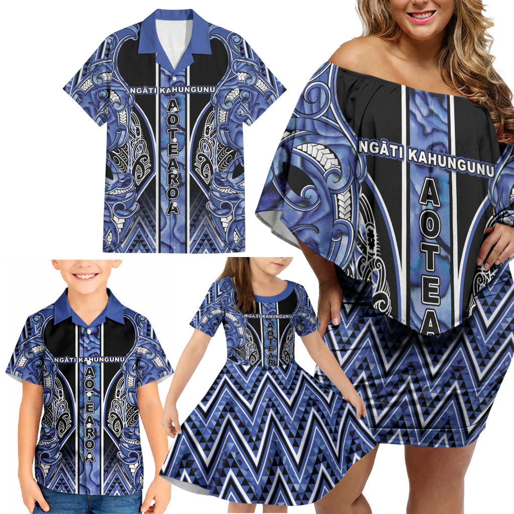 Aotearoa Ngati Kahungunu Family Matching Off Shoulder Short Dress and Hawaiian Shirt Maori Tribal Blue Paua Shell Pattern