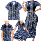 Aotearoa Ngati Kahungunu Family Matching Short Sleeve Bodycon Dress and Hawaiian Shirt Maori Tribal Blue Paua Shell Pattern