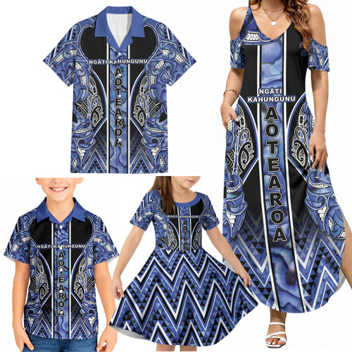 Aotearoa Ngati Kahungunu Family Matching Summer Maxi Dress and Hawaiian Shirt Maori Tribal Blue Paua Shell Pattern