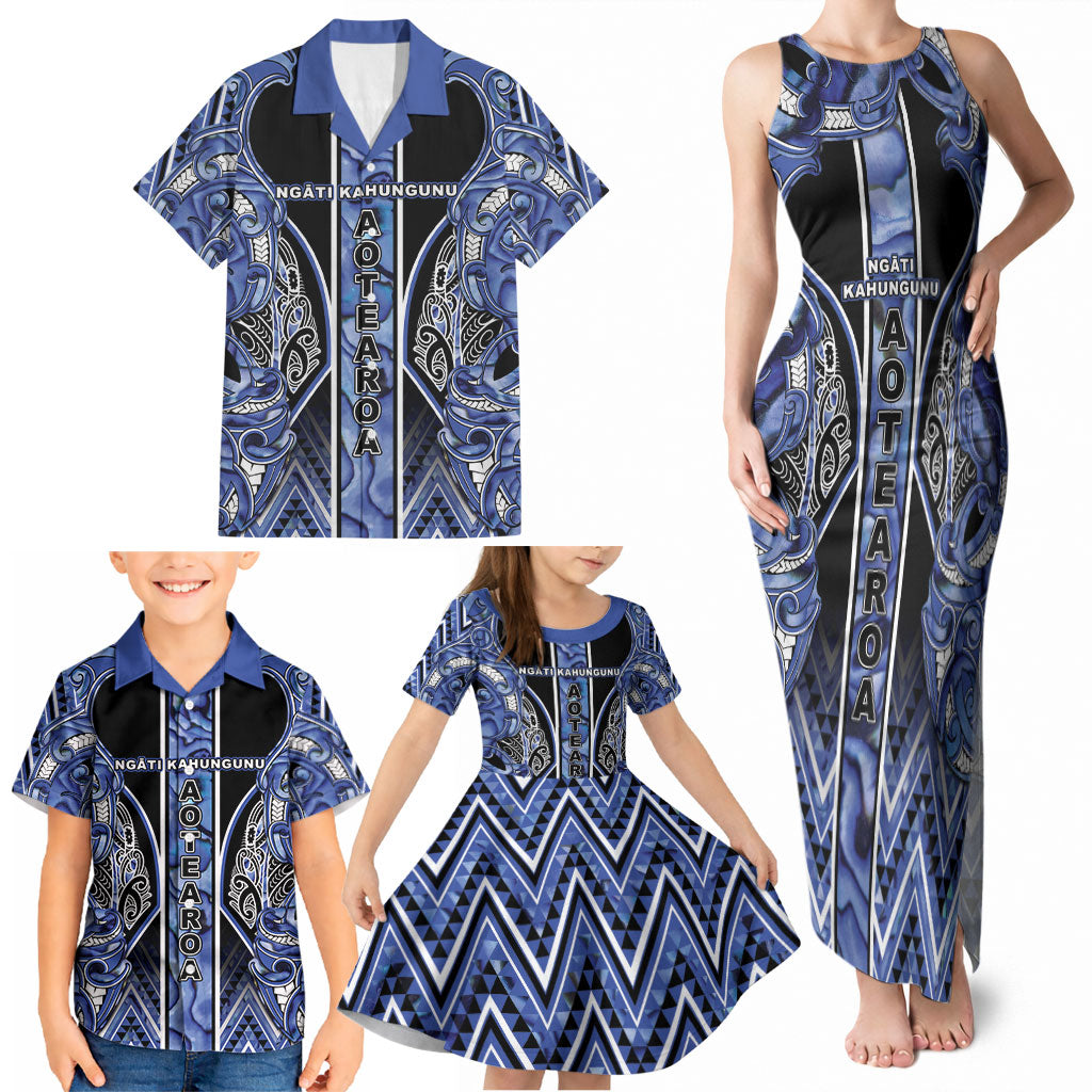 Aotearoa Ngati Kahungunu Family Matching Tank Maxi Dress and Hawaiian Shirt Maori Tribal Blue Paua Shell Pattern