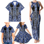 Aotearoa Ngati Kahungunu Family Matching Tank Maxi Dress and Hawaiian Shirt Maori Tribal Blue Paua Shell Pattern