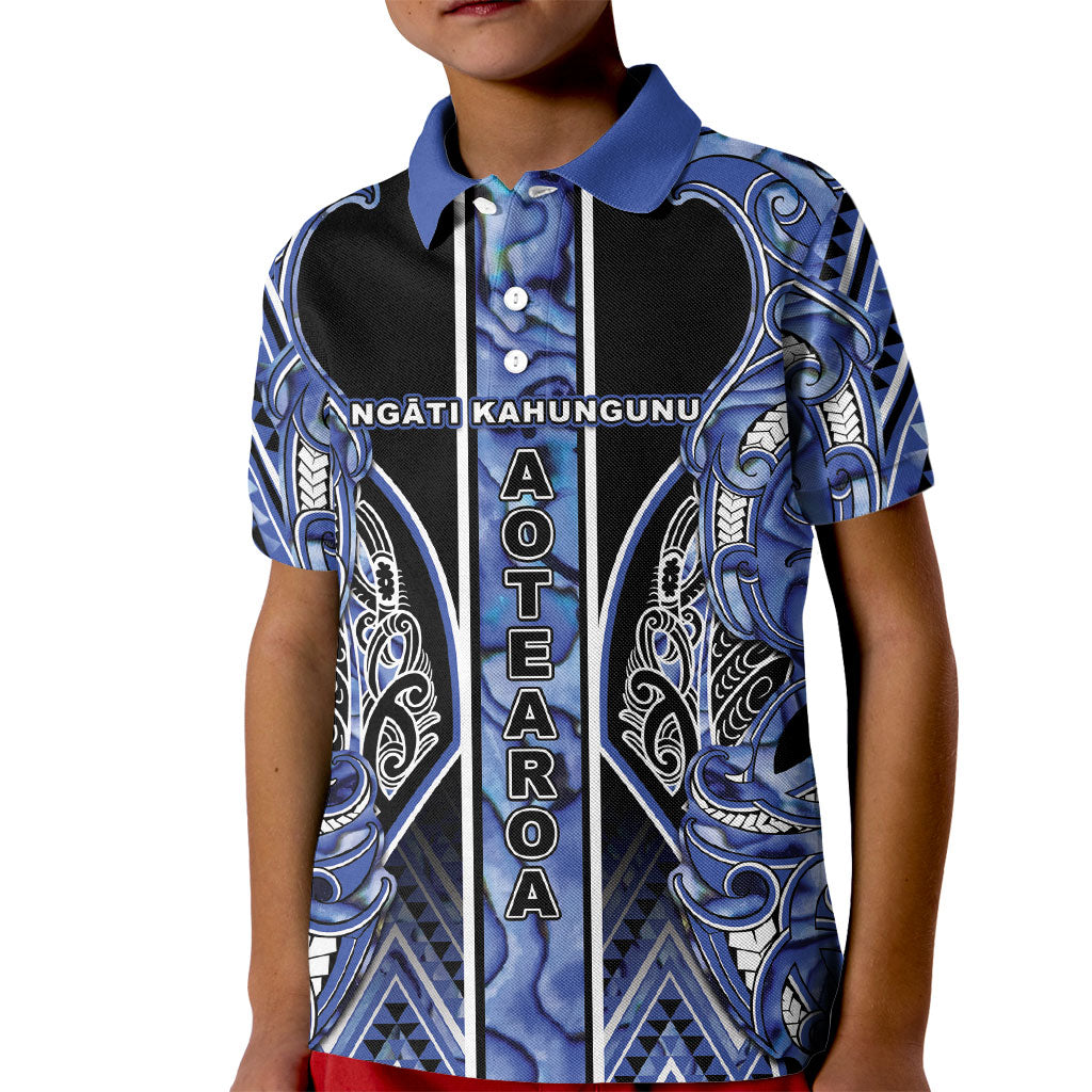 Aotearoa Ngati Kahungunu Kid Polo Shirt Maori Tribal Blue Paua Shell Pattern