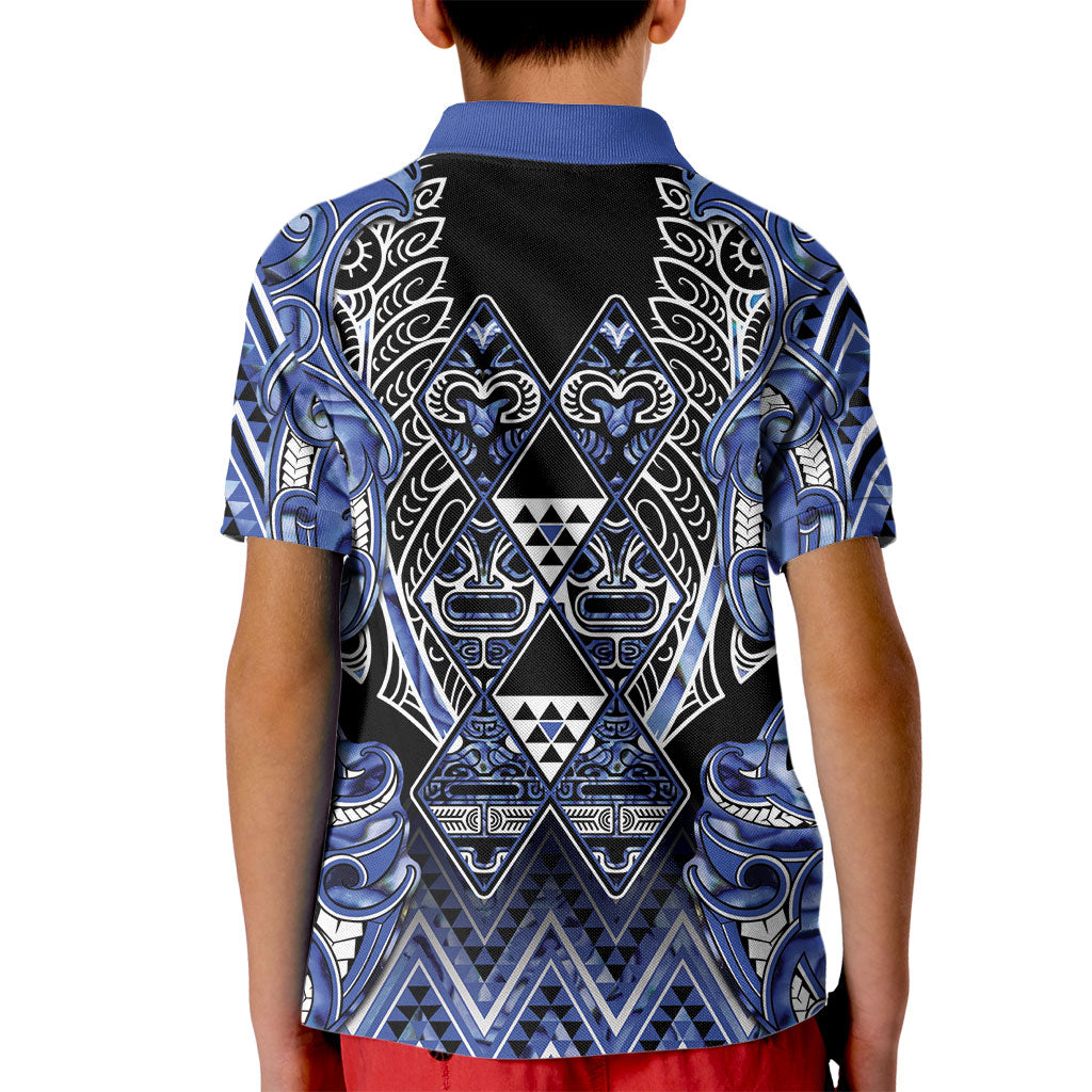 Aotearoa Ngati Kahungunu Kid Polo Shirt Maori Tribal Blue Paua Shell Pattern