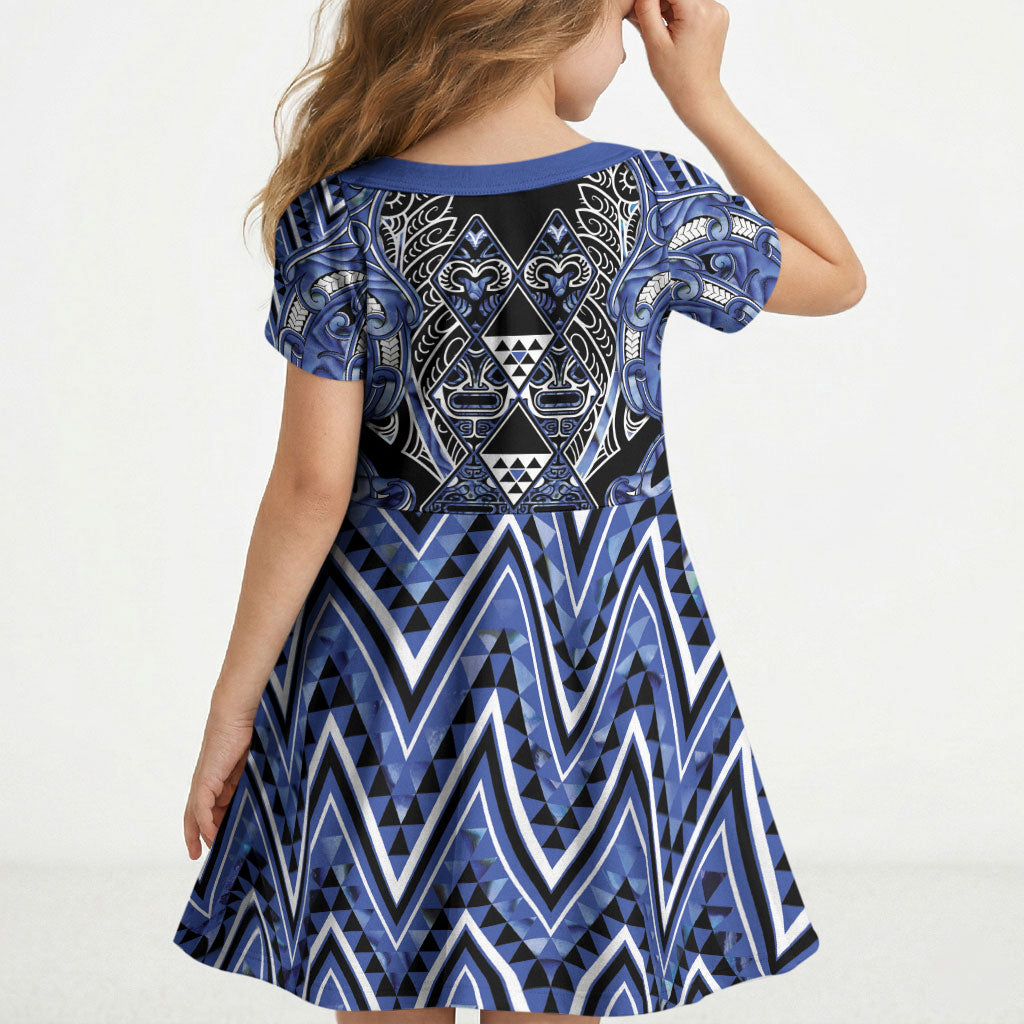 Aotearoa Ngati Kahungunu Kid Short Sleeve Dress Maori Tribal Blue Paua Shell Pattern
