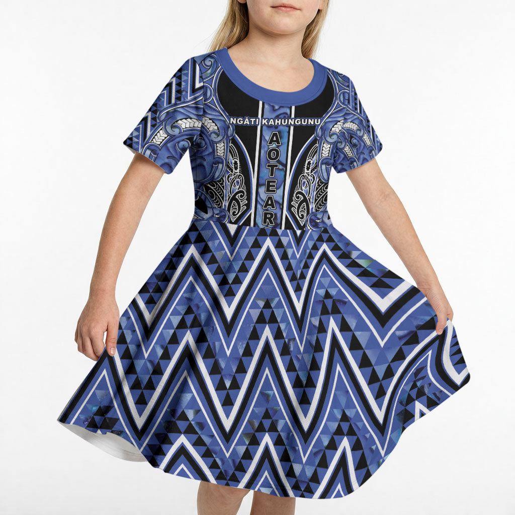 Aotearoa Ngati Kahungunu Kid Short Sleeve Dress Maori Tribal Blue Paua Shell Pattern