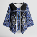 Aotearoa Ngati Kahungunu Kimono Sleeve Blouse Maori Tribal Blue Paua Shell Pattern
