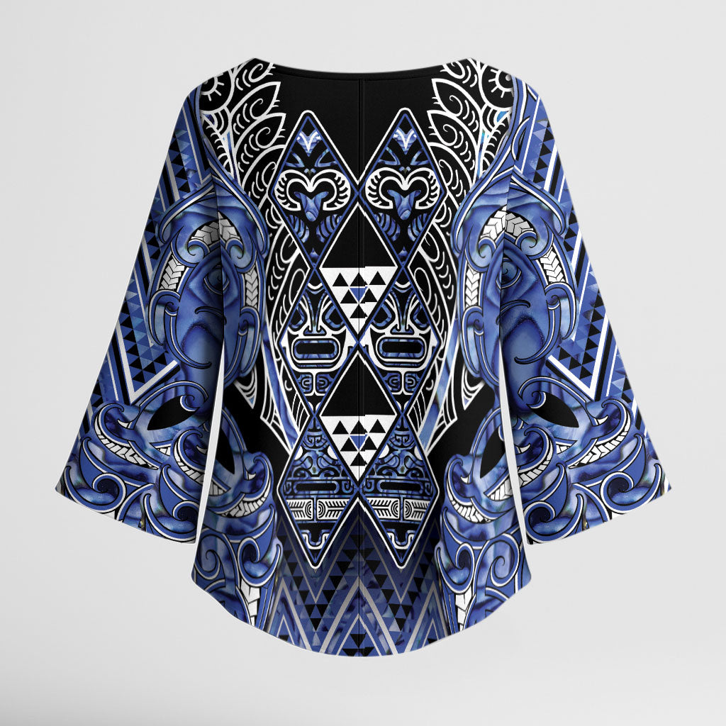 Aotearoa Ngati Kahungunu Kimono Sleeve Blouse Maori Tribal Blue Paua Shell Pattern