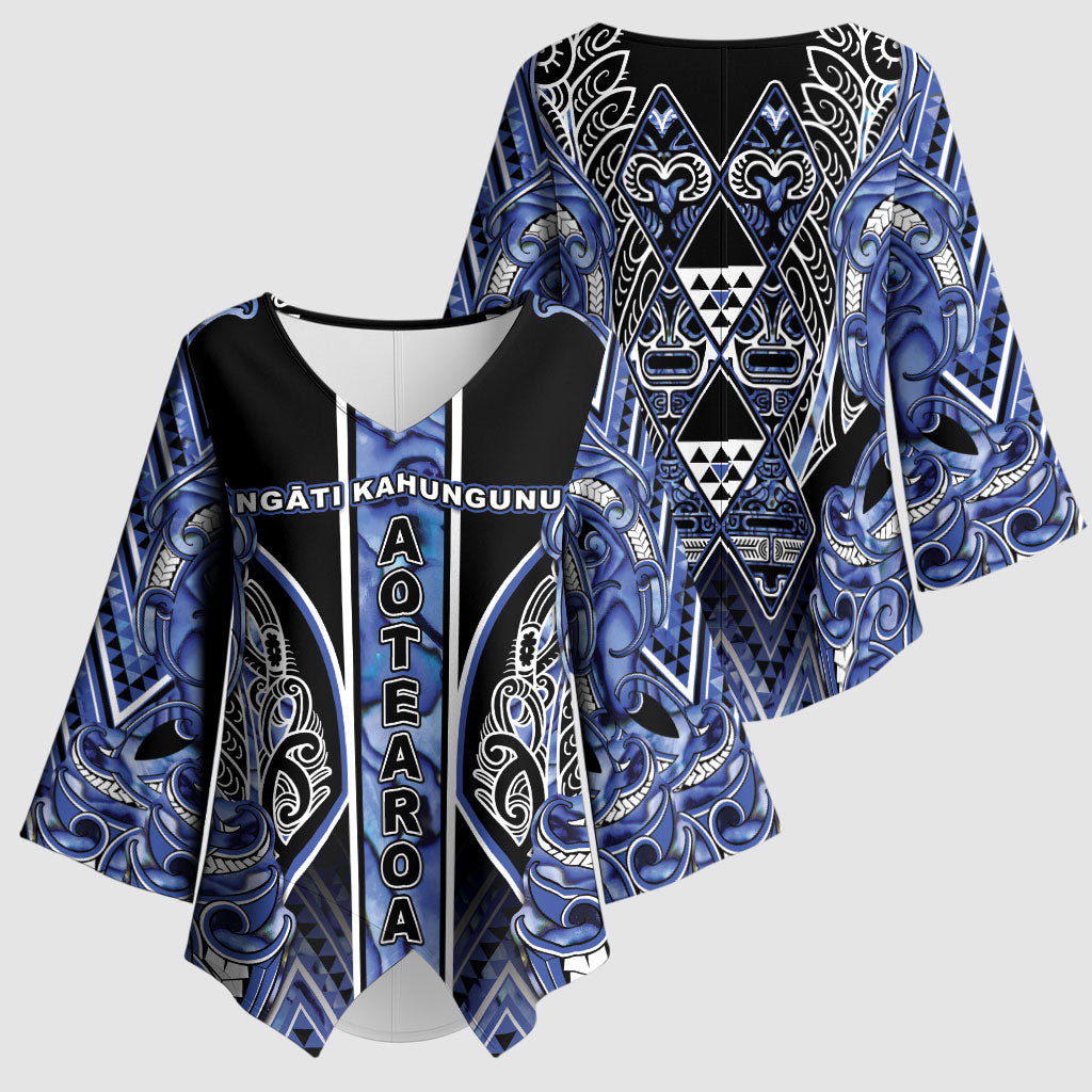 Aotearoa Ngati Kahungunu Kimono Sleeve Blouse Maori Tribal Blue Paua Shell Pattern