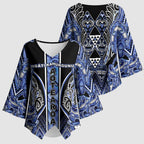 Aotearoa Ngati Kahungunu Kimono Sleeve Blouse Maori Tribal Blue Paua Shell Pattern