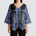 Aotearoa Ngati Kahungunu Kimono Sleeve Blouse Maori Tribal Blue Paua Shell Pattern