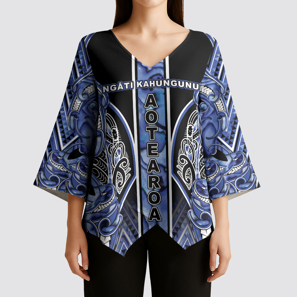 Aotearoa Ngati Kahungunu Kimono Sleeve Blouse Maori Tribal Blue Paua Shell Pattern