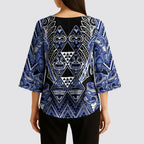 Aotearoa Ngati Kahungunu Kimono Sleeve Blouse Maori Tribal Blue Paua Shell Pattern