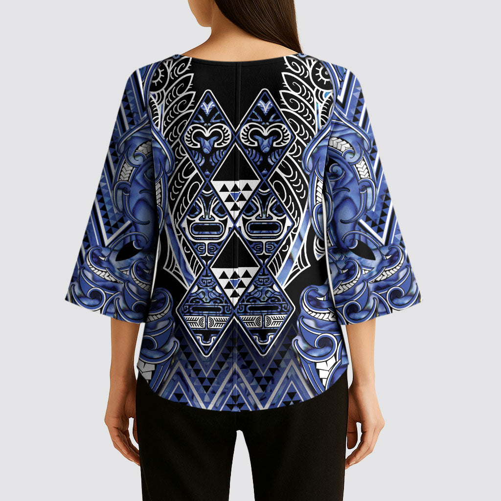 Aotearoa Ngati Kahungunu Kimono Sleeve Blouse Maori Tribal Blue Paua Shell Pattern