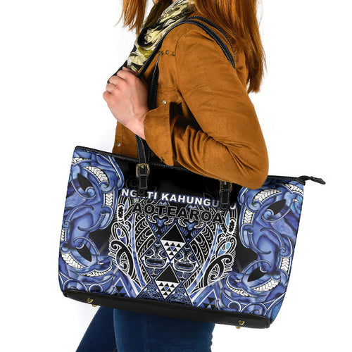 Aotearoa Ngati Kahungunu Leather Tote Bag Maori Tribal Blue Paua Shell Pattern