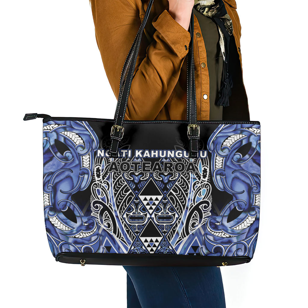 Aotearoa Ngati Kahungunu Leather Tote Bag Maori Tribal Blue Paua Shell Pattern
