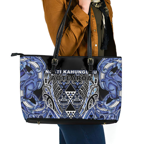 Aotearoa Ngati Kahungunu Leather Tote Bag Maori Tribal Blue Paua Shell Pattern